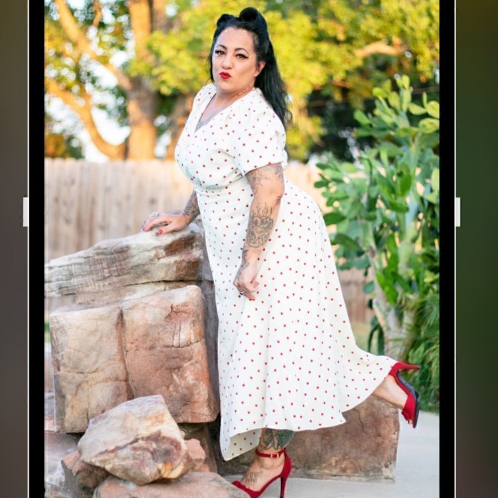129. CREAM PUFF 50'S FLAIR polkadot A Line Dress - Picture 4 of 8